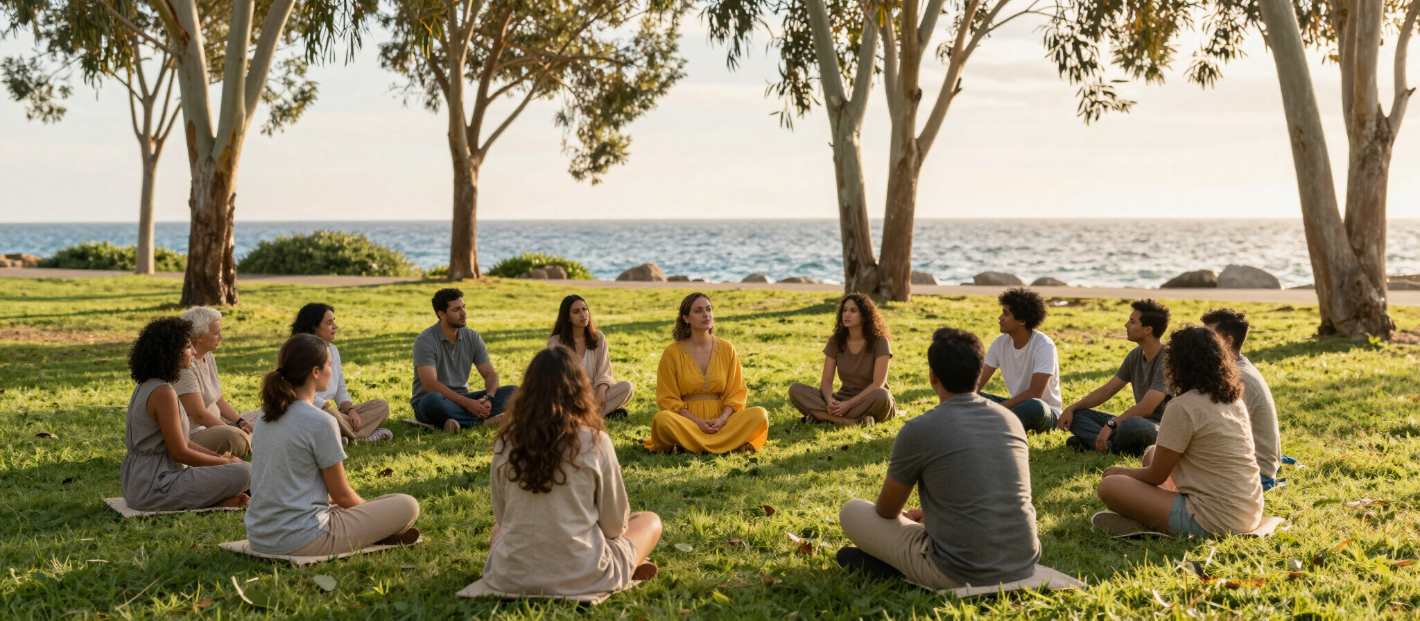A serene meditation circle gathered outdoors by the sea