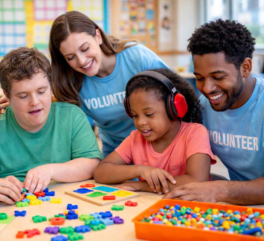 Volunteers and a child engaged in a learning activity