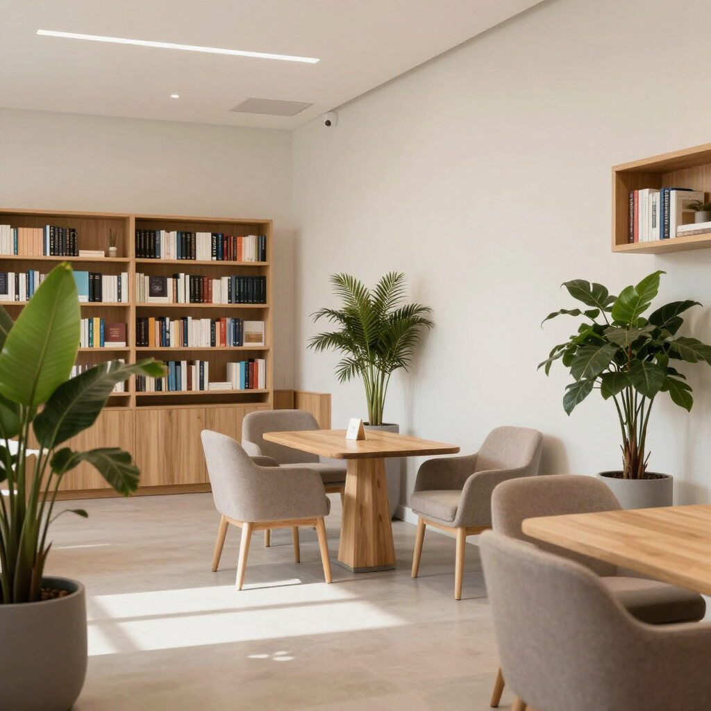 Community gathering space with bookshelves and seating