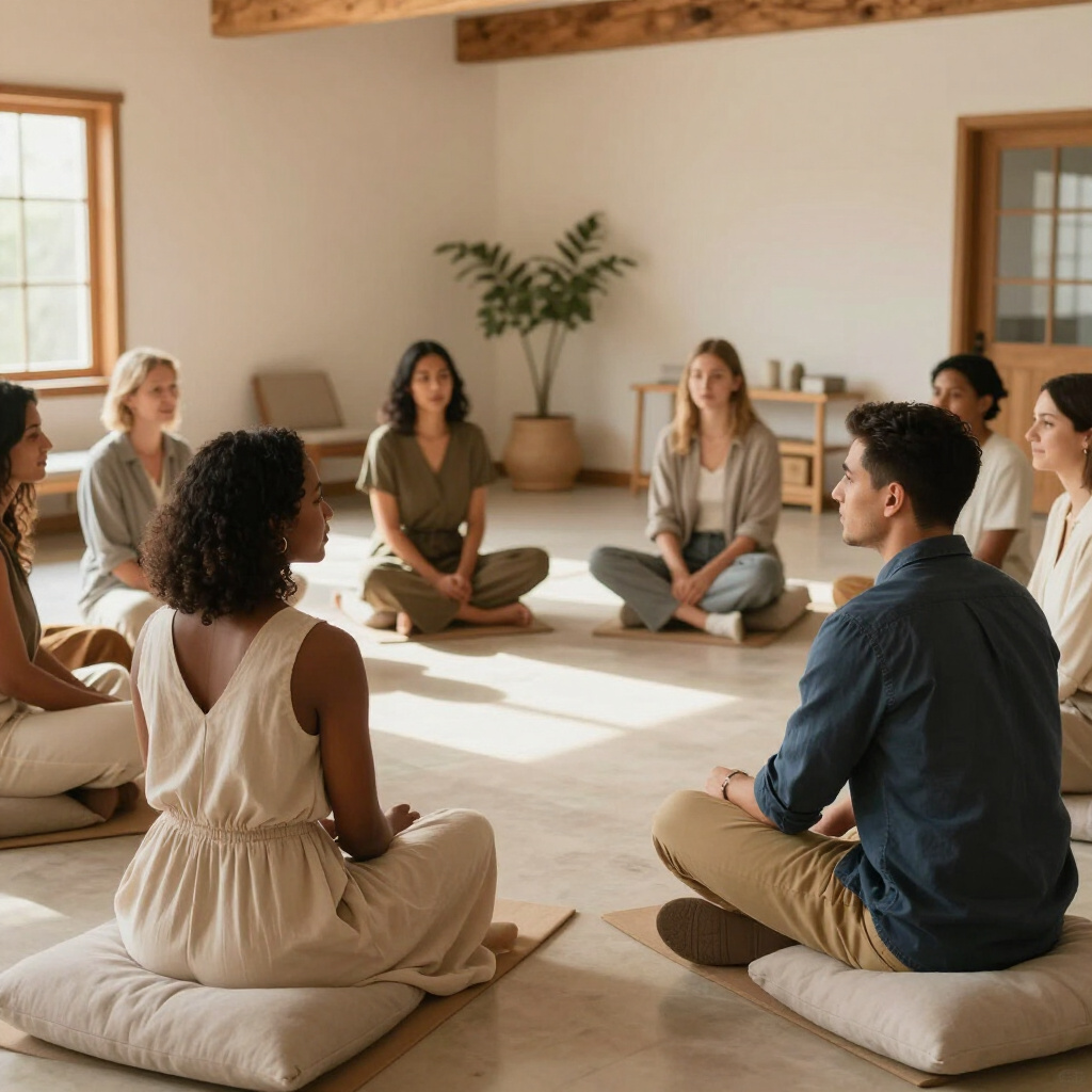Group sitting in a meditation circle in a sunlit room