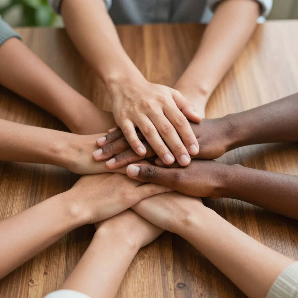 A circle of hands meeting in support and unity